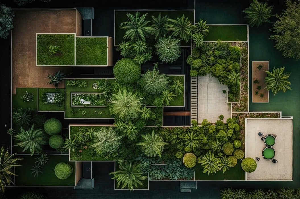 An aerial view of a vibrant green rooftop garden offers a stunning perspective on the potential for sustainable and eco-friendly urban development. Generated by AI.
