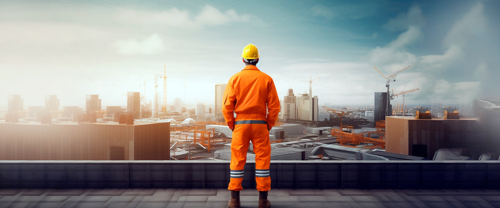 Civil engineer in orange workwear from the roof of a high rise b